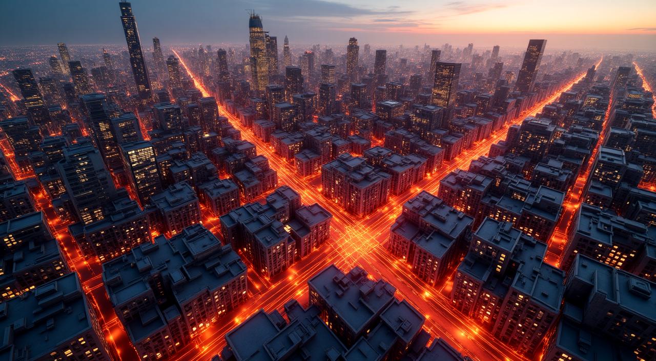 Abstracte weergave van een digitale stadsstructuur met lichtlijnen en parametrische vormen